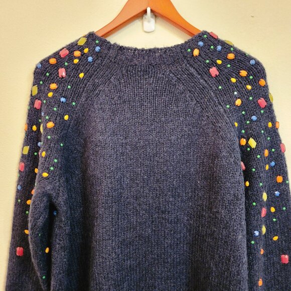 J Crew Blue Embellished Alpaca Wool Blend Crewneck Holiday Sweater Women L Chic - Picture 12 of 16